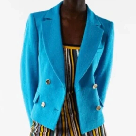 NWT 🦋 ZARA 🌸 TWEED LIKE TEXTURED TURQOUISE BLUE DOUBLE BREASTED BLAZER XS